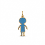 14K solid yellow gold personalized boy charm pendant featuring blue enamel and a polished gold outline, designed for custom family and children’s jewelry collections.