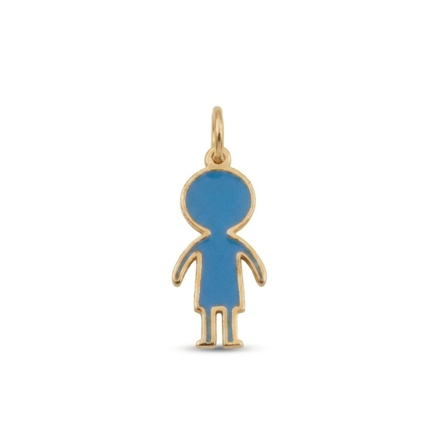 14K solid yellow gold personalized boy charm pendant featuring blue enamel and a polished gold outline, designed for custom family and children’s jewelry collections.