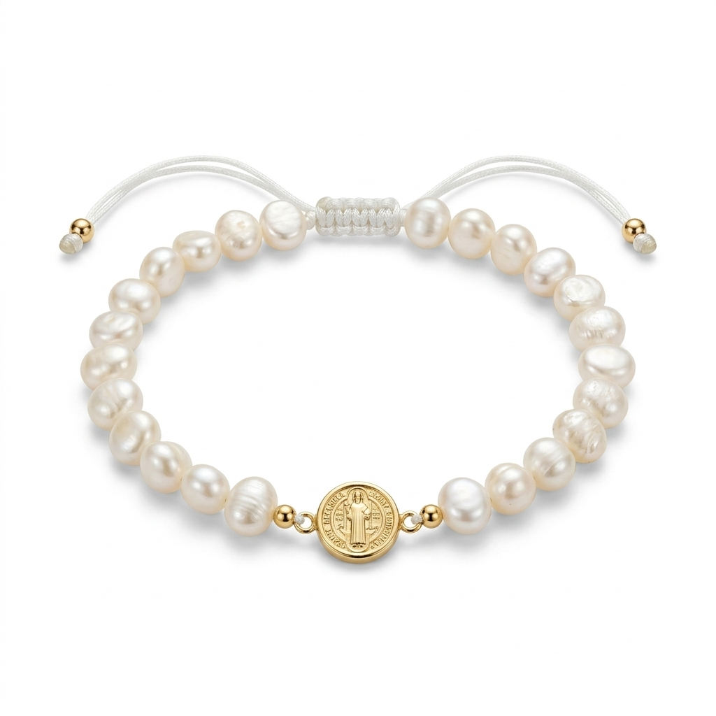 14K solid yellow gold bracelet with flat freshwater baroque pearls, white satin macramé cord, and front-facing Saint Benedict medal