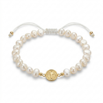 14K solid yellow gold bracelet with flat freshwater baroque pearls, white satin macramé cord, and front-facing Saint Benedict medal