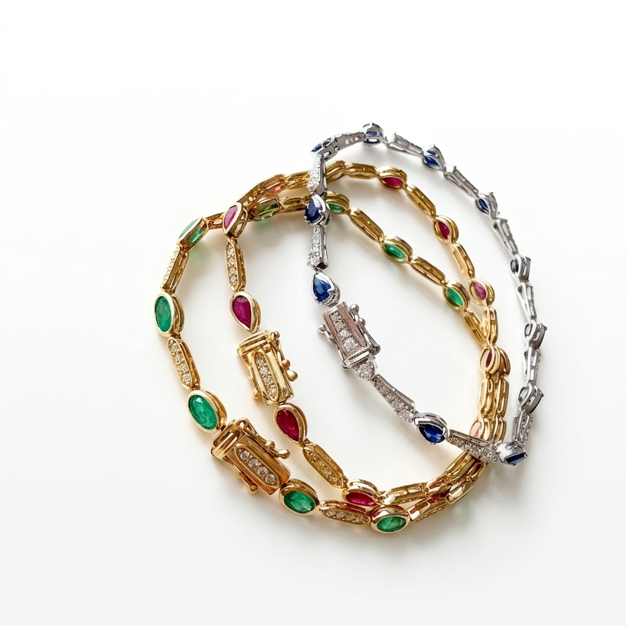 Three gold and silver bracelets with gemstones on a white background