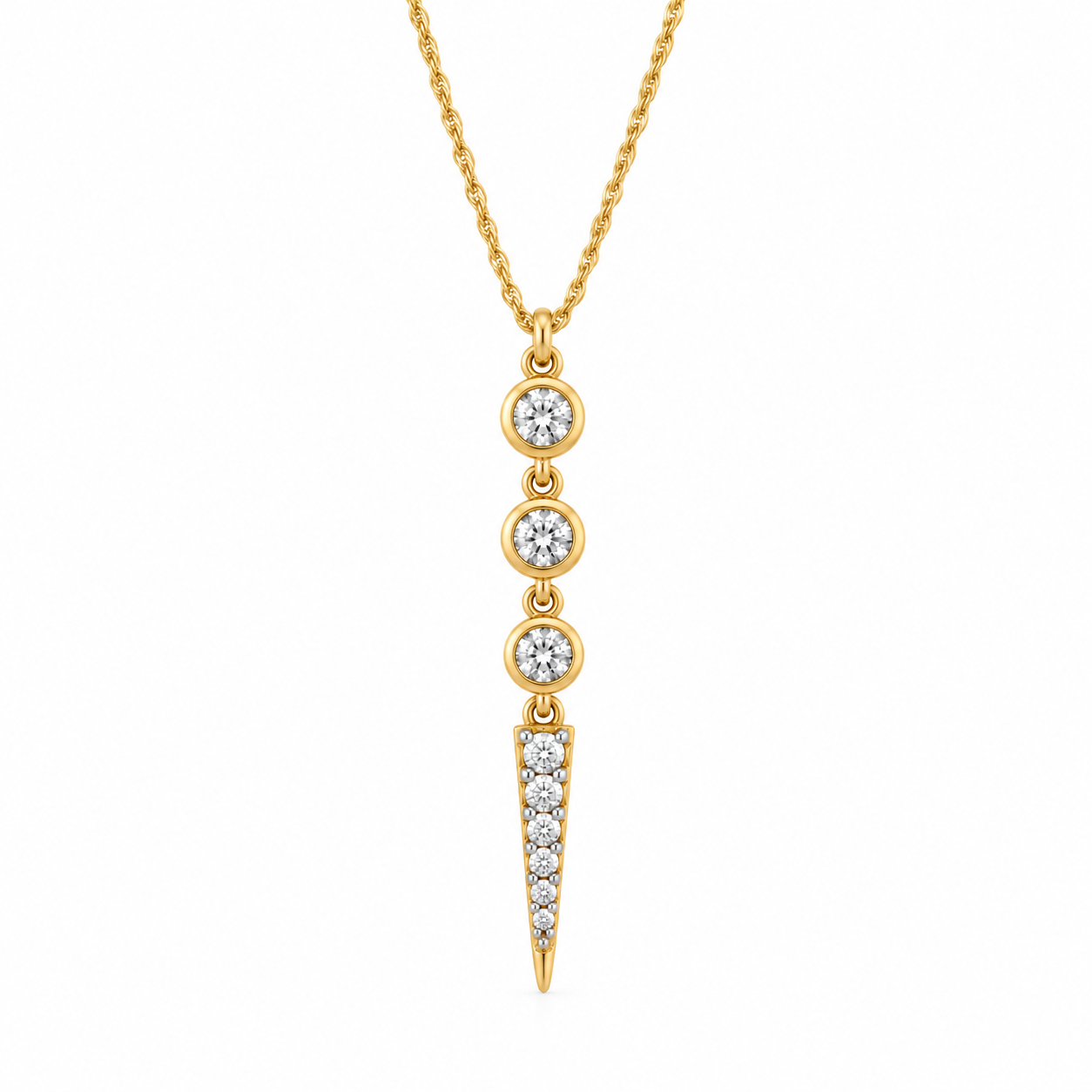 14K solid yellow gold diamond lariat necklace with delicate 0.80 mm rope chain, three round bezel-set diamonds and a tapered yellow gold drop featuring six graduated diamonds secured with white gold prongs.