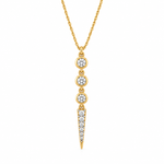 14K solid yellow gold diamond lariat necklace with delicate 0.80 mm rope chain, three round bezel-set diamonds and a tapered yellow gold drop featuring six graduated diamonds secured with white gold prongs.