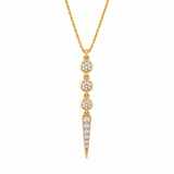 14K solid yellow gold diamond lariat necklace with delicate 0.80 mm rope chain, three round bezel-set diamonds and a tapered yellow gold drop featuring six graduated diamonds secured with white gold prongs.