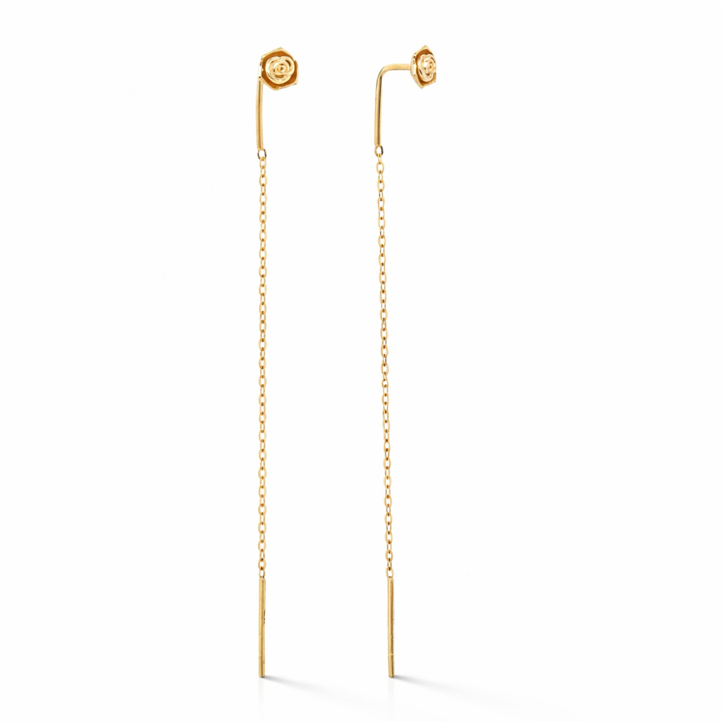 14K solid yellow gold rose flower threader earring single pull through chain minimalist gold earring