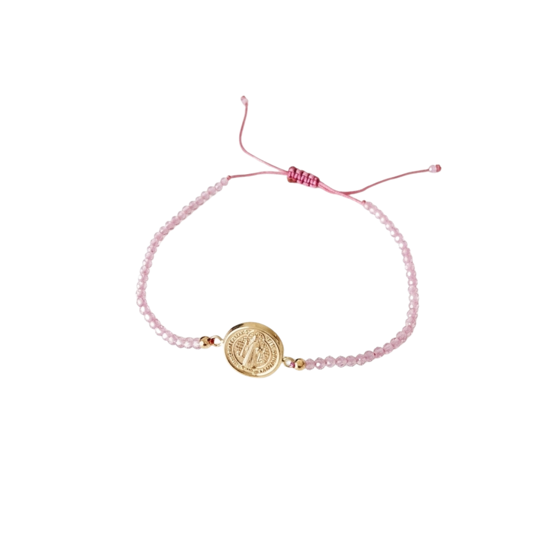 14k yellow gold saint benedict bracelet with pink crystal beads and adjustable pink macrame cord. 14k yellow gold saint benedict bracelet with pink crystal beads and adjustable pink macrame cord

