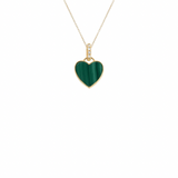 14K Solid Yellow Gold Malachite Heart with Pave Diamond Necklace