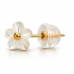     14k gold flower stud earrings with carved mother of pearl petals and polished gold center, elegant floral design