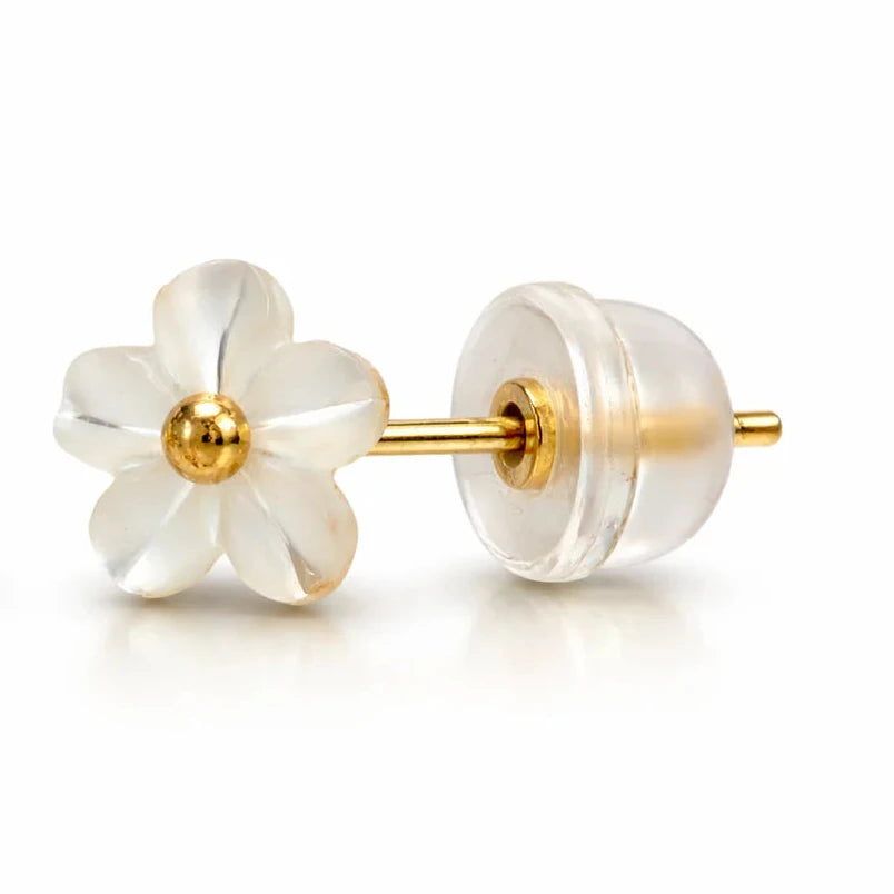     14k gold flower stud earrings with carved mother of pearl petals and polished gold center, elegant floral design