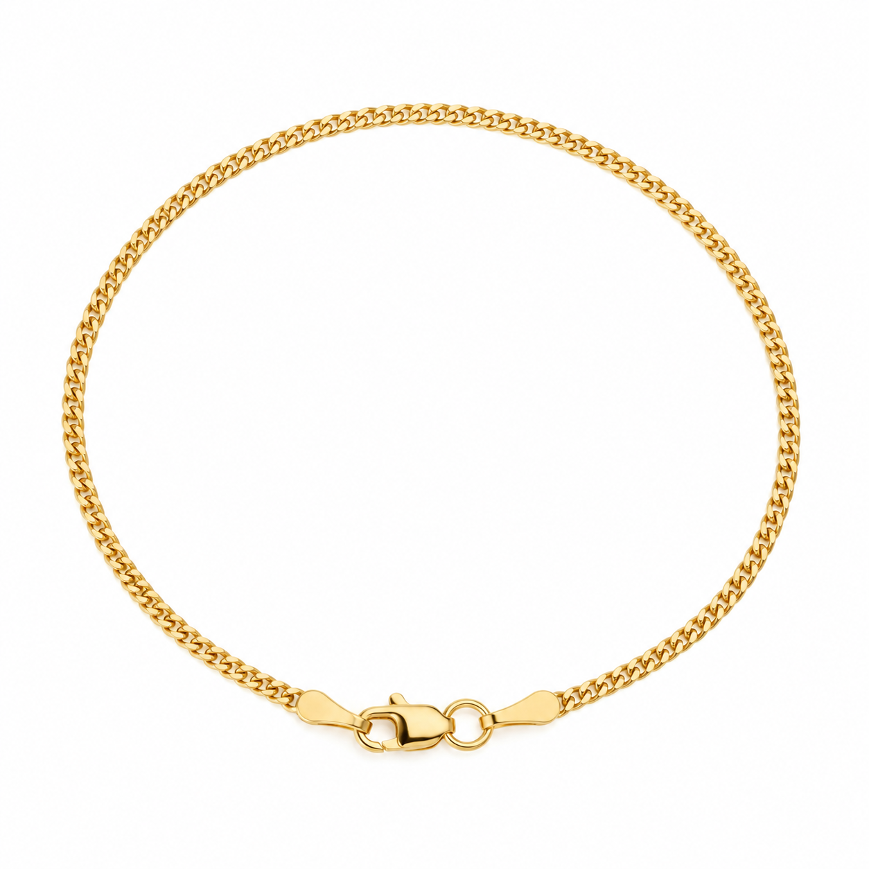 14K solid yellow gold baby curb link bracelet, 6-inch length, polished curb chain with secure lobster clasp by Laraquel Jewelry.