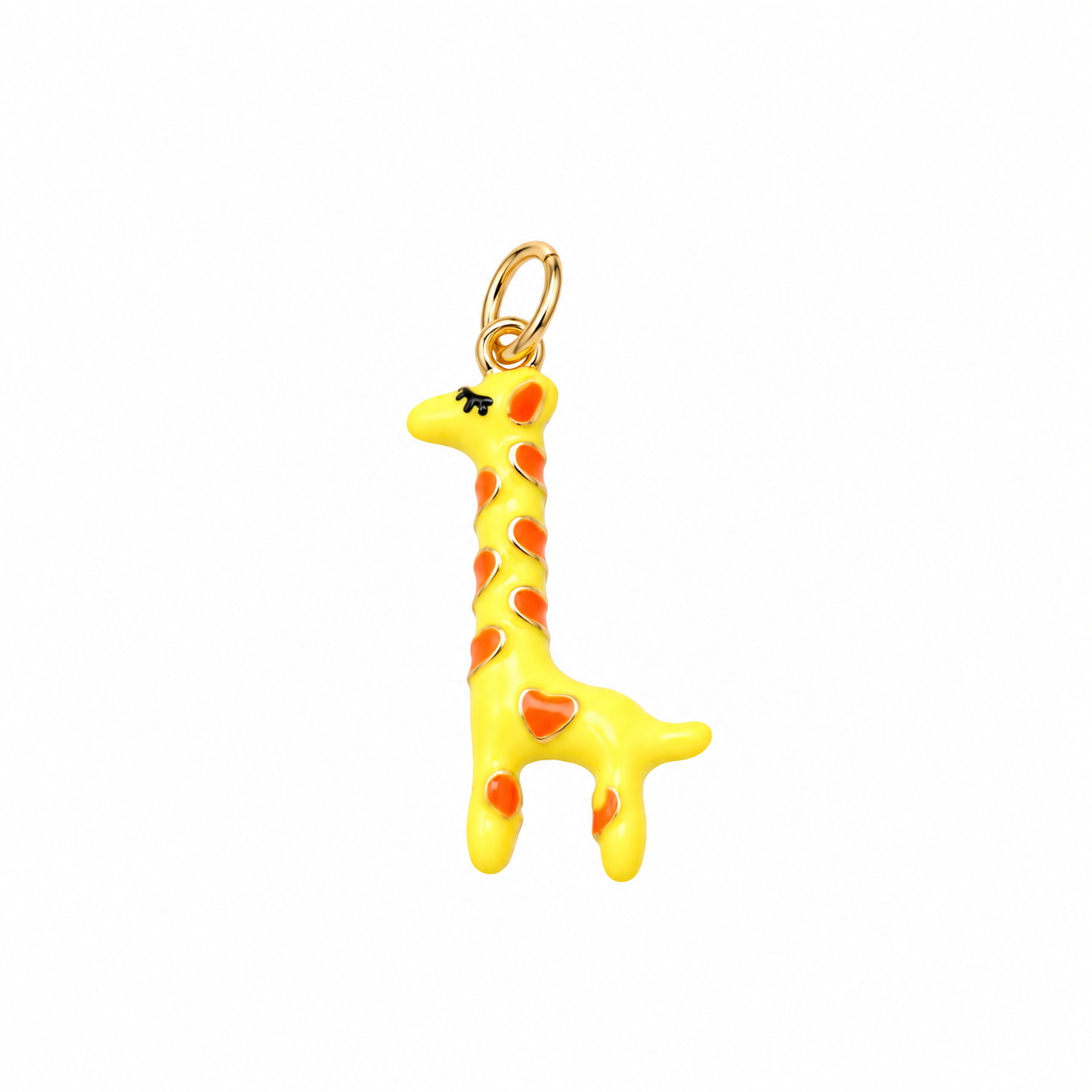 Yellow and red enamel giraffe brass charm pendant with gold-tone bail on white background