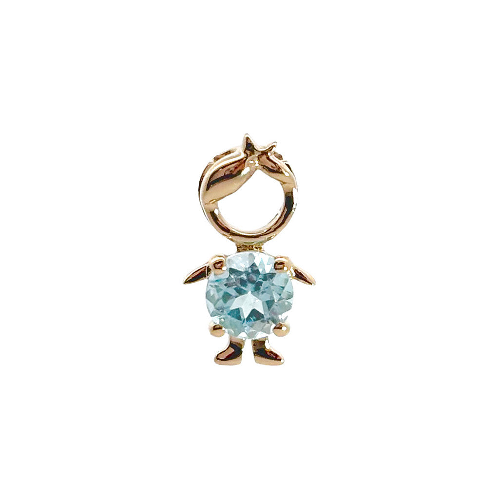 14K solid yellow gold boy and girl birthstone charms with colorful gemstones representing each birth month on a white background.
