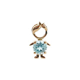 14K solid yellow gold boy and girl birthstone charms with colorful gemstones representing each birth month on a white background.