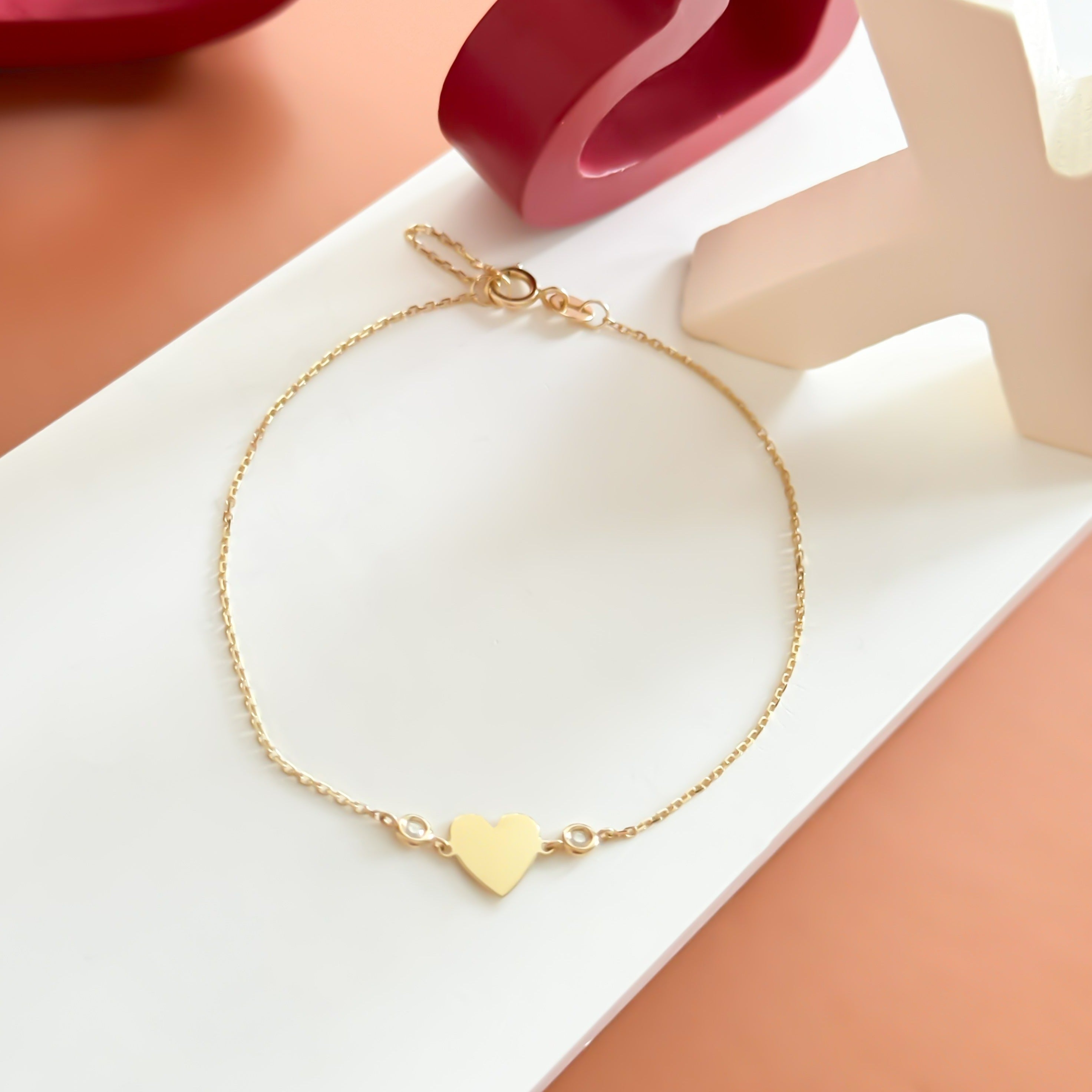 14K Solid Yellow Gold Bezel Diamonds Charm Bracelet