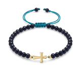 14K Solid Yellow Gold Modern Cross Blue Aventurine Macramé Bracelet