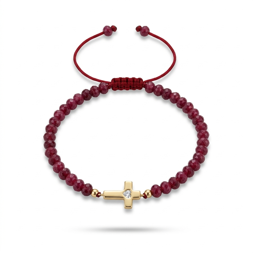 14K solid yellow gold cross bracelet with 4.03 mm Indian red ruby beads and adjustable red satin macramé cord