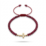 14K solid yellow gold cross bracelet with 4.03 mm Indian red ruby beads and adjustable red satin macramé cord