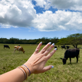 Hand with painted nails and rings in front of a pastoral scene with cows grazing with a 14k yellow gold blue sapphire hand chain bracelet with bezel set.
