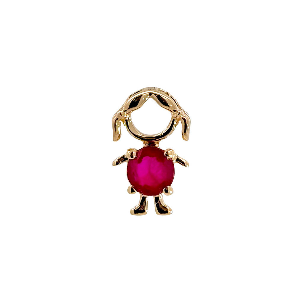 14K solid yellow gold boy and girl birthstone charms with colorful gemstones representing each birth month on a white background.