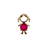 14K solid yellow gold boy and girl birthstone charms with colorful gemstones representing each birth month on a white background.