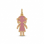 14K solid yellow gold personalized girl charm pendant featuring pink enamel and a polished gold outline, perfect for custom family necklaces and meaningful gifts.