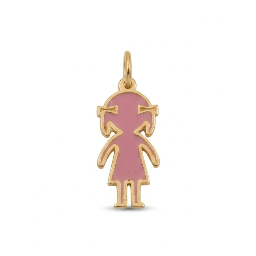 14K solid yellow gold personalized girl charm pendant featuring pink enamel and a polished gold outline, perfect for custom family necklaces and meaningful gifts.