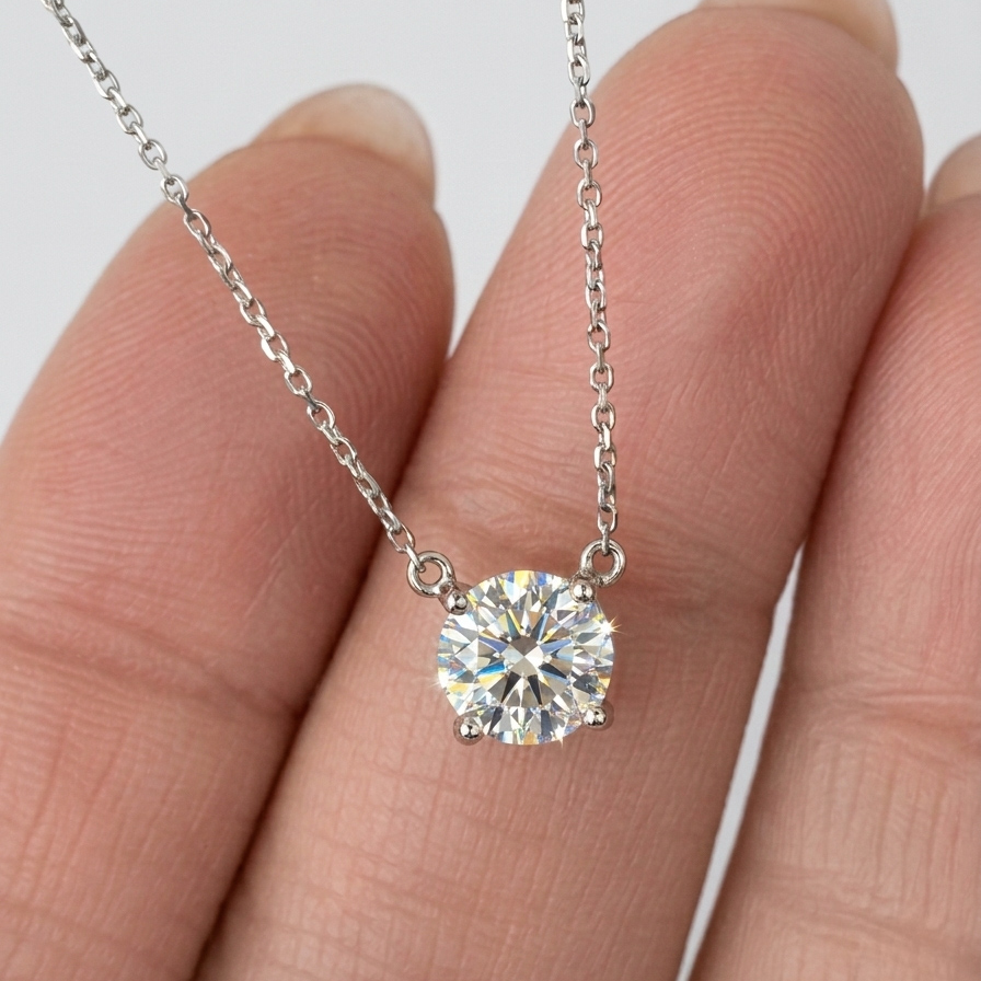 front close-up of 1 ct round brilliant certified lab-grown diamond necklace in 14K white gold on fingers