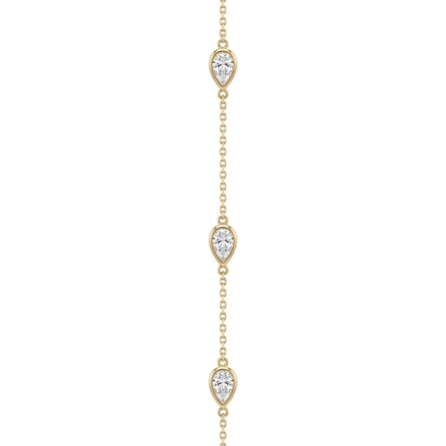 Close-Up of 18K Solid Yellow Gold Pear Shape Bezel Set Lab Grown Diamond Necklace with Teardrop Diamond Stations