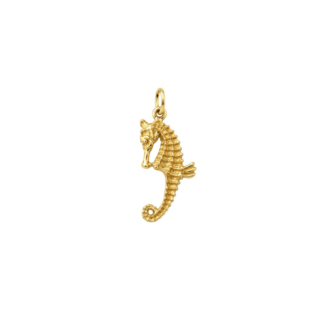 14K solid yellow gold seahorse pendant with detailed textured design and curled tail, approximately 2.20 grams.
