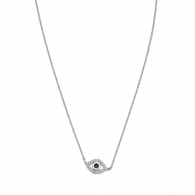 925 sterling silver evil eye necklace with natural blue sapphire and natural diamonds on white background