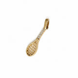 14K solid yellow gold tennis racket pendant with five clear CZ stones and polished finish on white background.