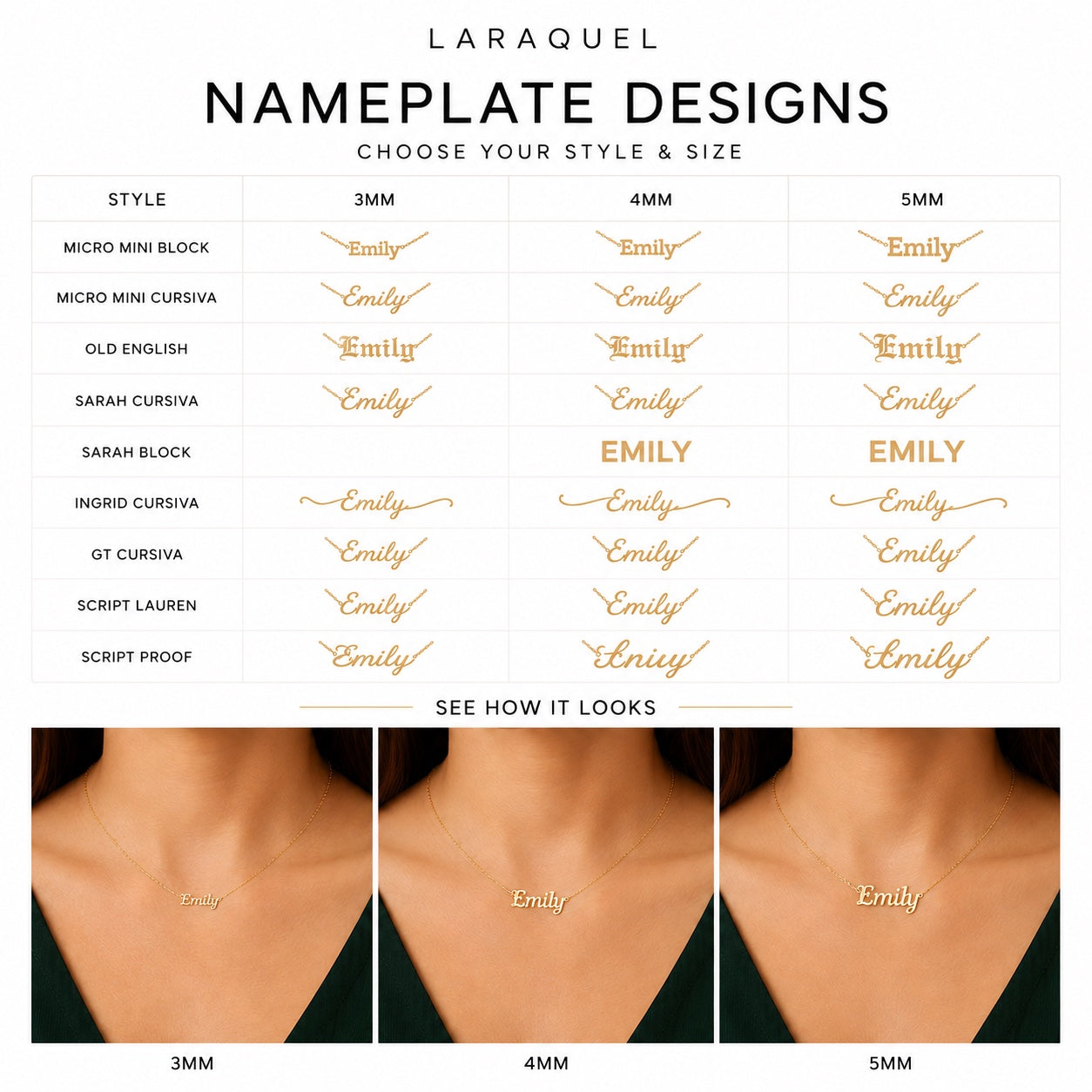 Woman wearing a personalized 14K gold name necklace.