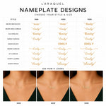 Woman wearing a personalized 14K gold name necklace.