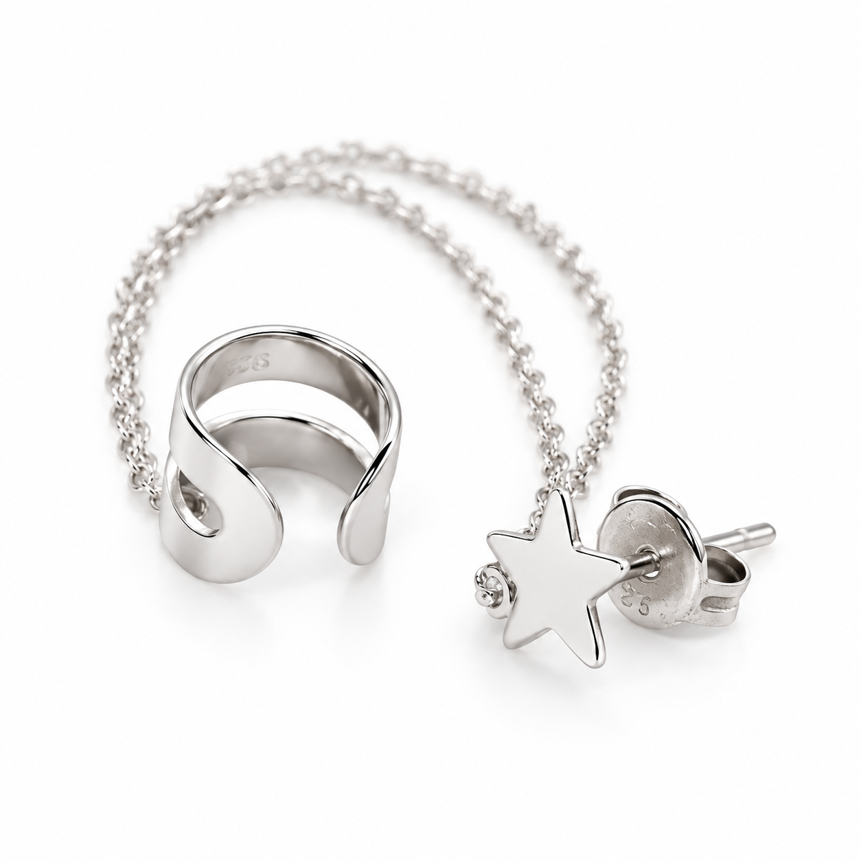 925 sterling silver star stud earring with butterfly backing and delicate chain ear cuff connector.
