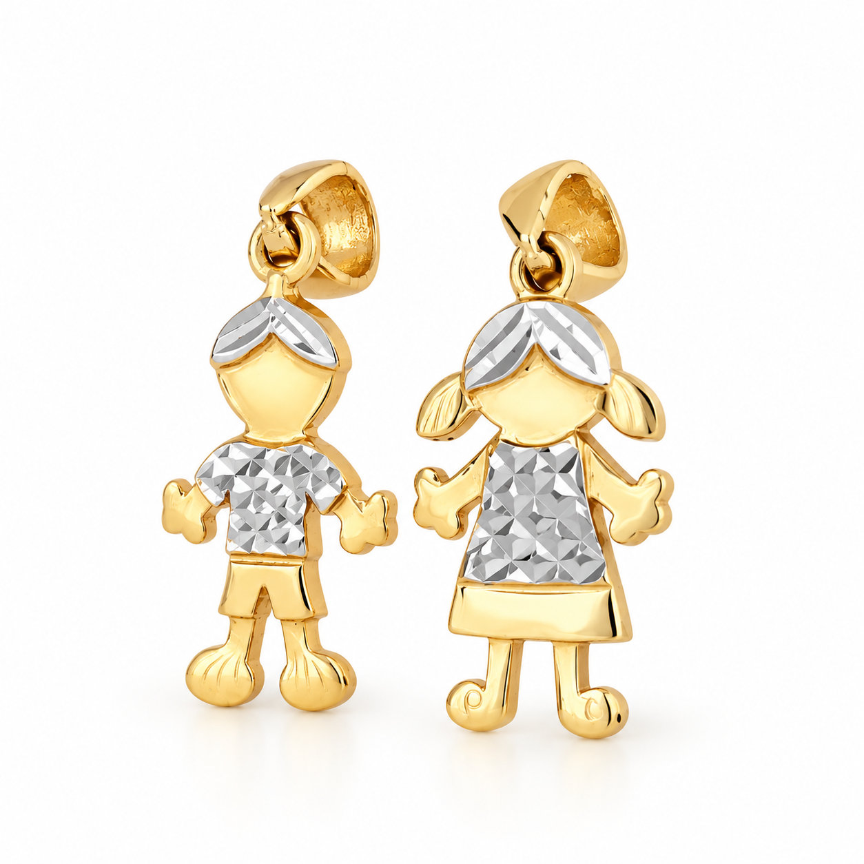 14K yellow gold boy and girl charms featuring two-tone diamond-cut details, polished gold finishes, and pendant bails.