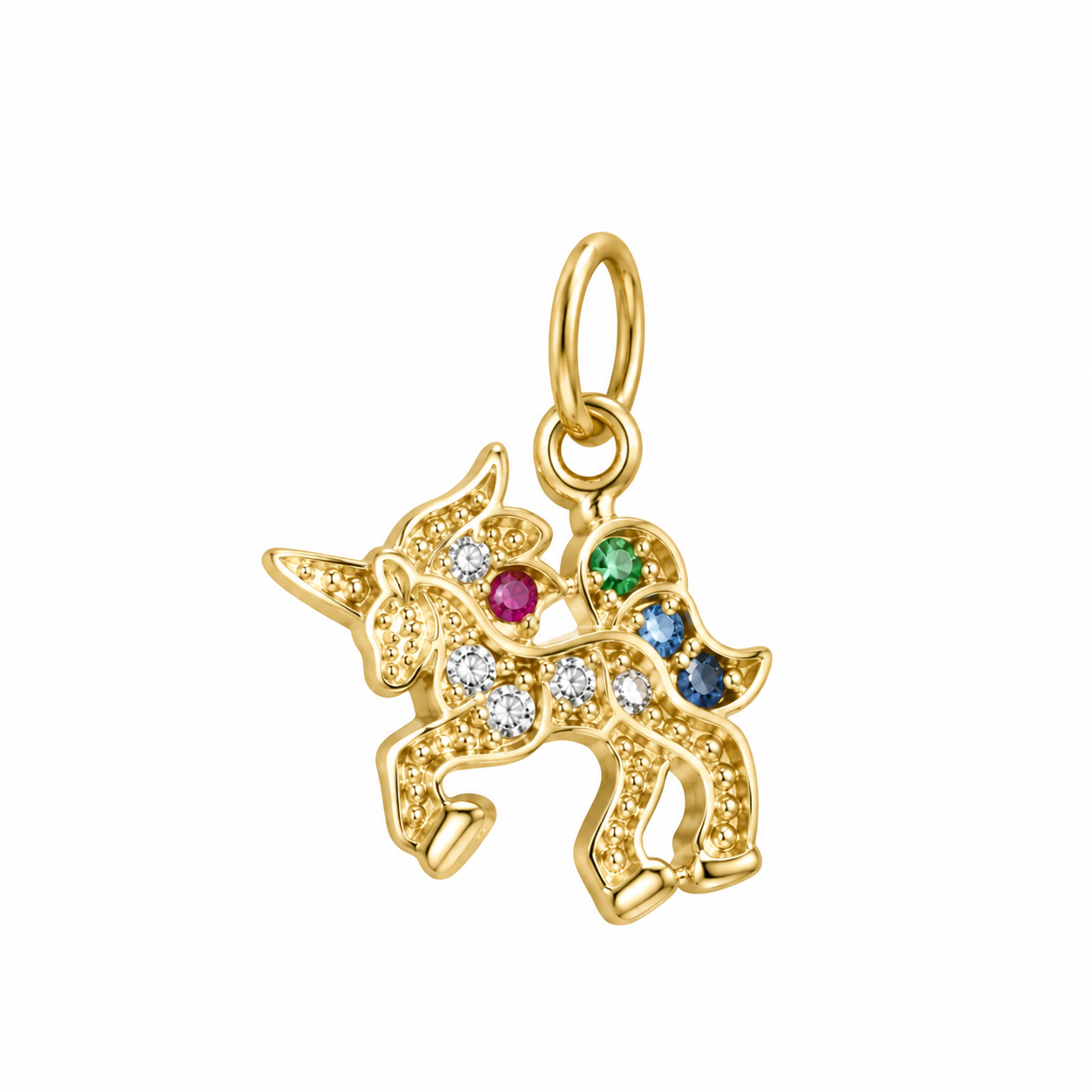 Yellow gold unicorn pendant featuring clear, pink, green, and blue stones with intricate detailing and a playful unicorn design.