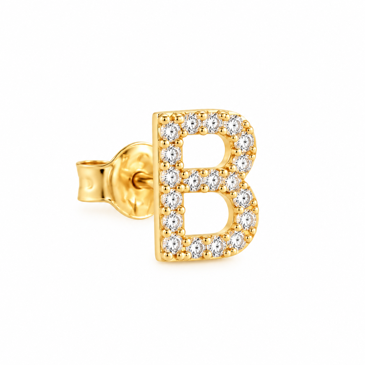 Yellow gold initial B stud earring featuring sparkling clear pavé-set stones and a butterfly push-back closure, Laraquel Jewelry.