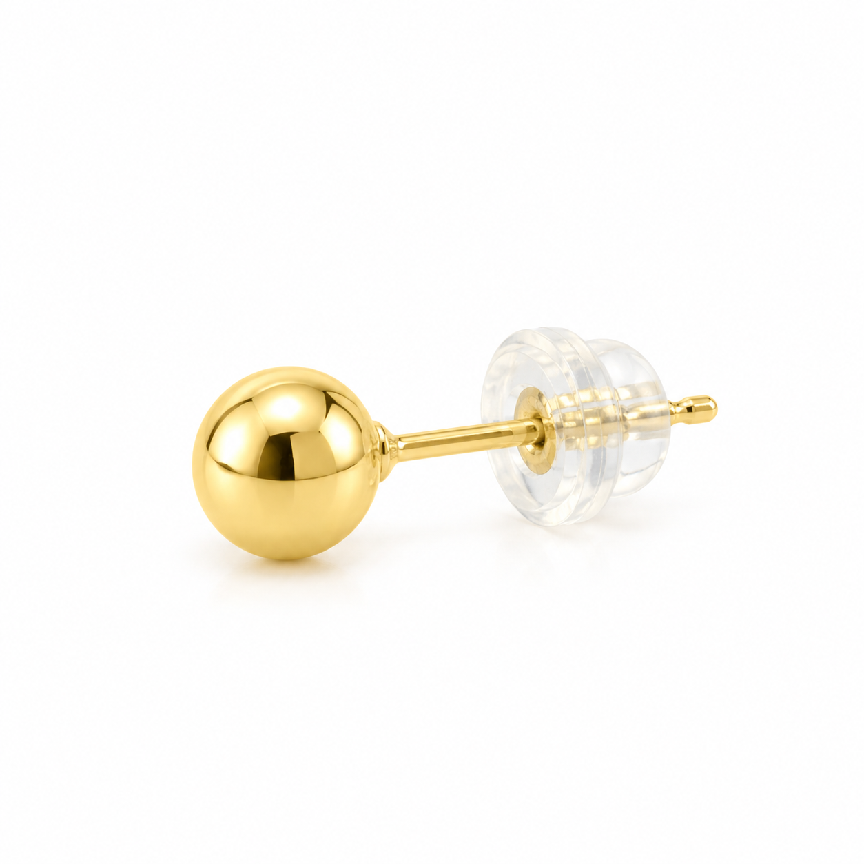 Single 14K solid yellow gold 5mm or 6mm polished ball stud earring with clear rubber back on a pure white background, Laraquel Jewelry.