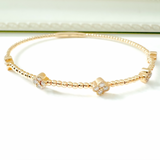 14K Solid Yellow Gold 5 Flowers Diamond Clover Station Flex Bangle Bracelet