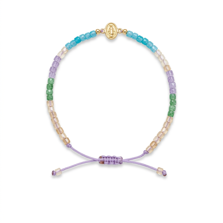14K solid yellow gold Virgen Milagrosa multicolor 3 mm square shape quartz light purple macramé bracelet styled in a luxury layered wrist stack.