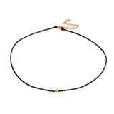14K Solid Yellow Gold Diamond Bezel Leather Cord Necklace