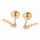 14K Solid Gold CZ Leaves Earrings