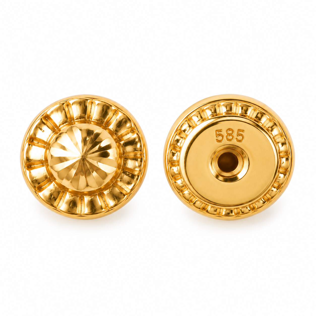 14K solid yellow gold 5mm Spanish screw back replacement earring closure, front and back views with 585 gold hallmark, sold individually.