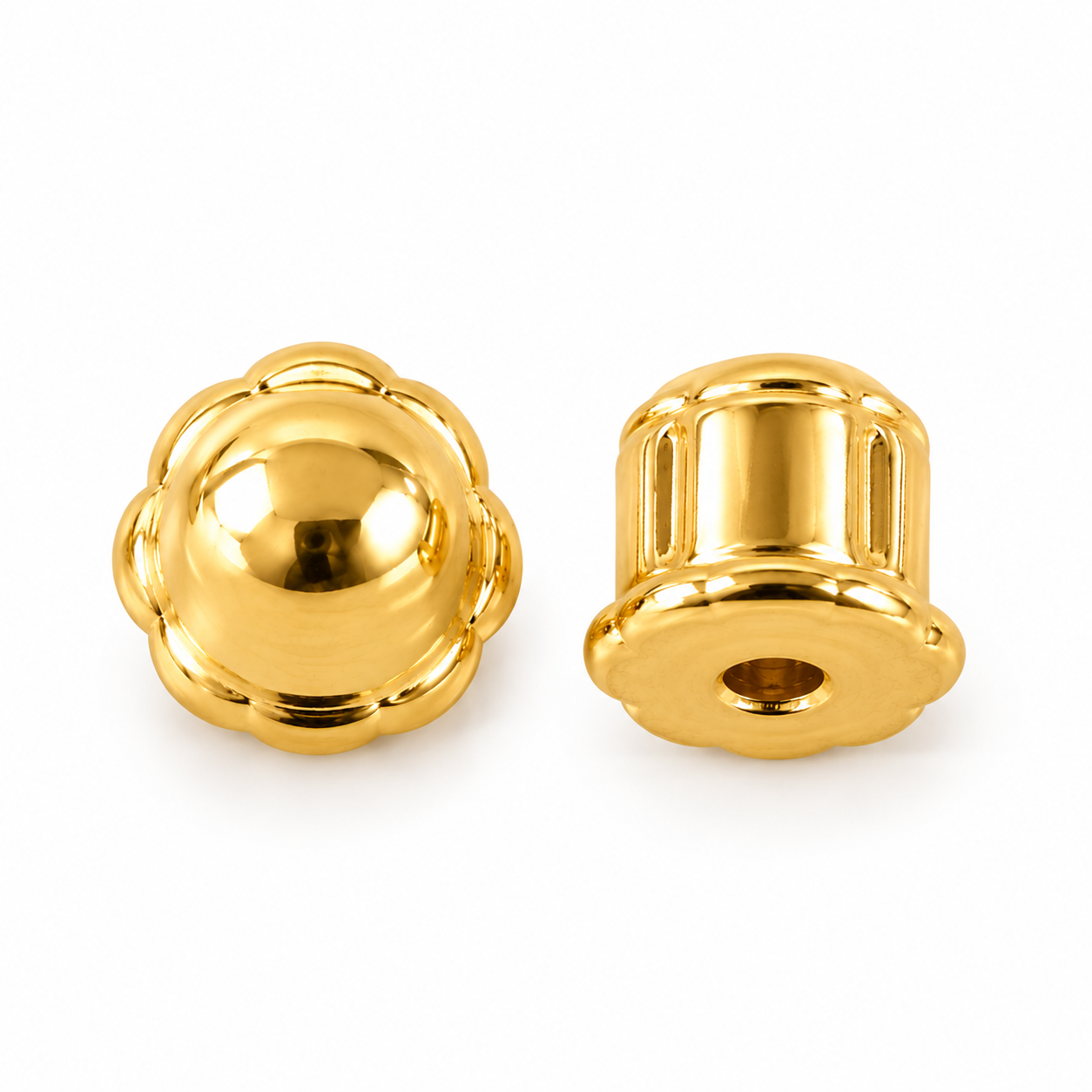 14K solid yellow gold Korean screw back replacement earring closures showing rounded front and side views on a white background.