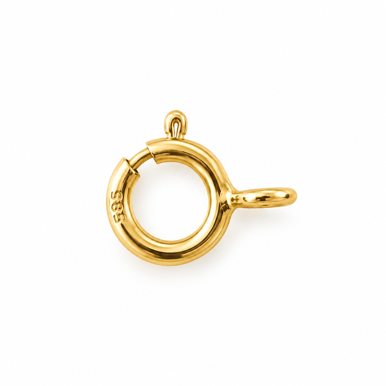 14K solid yellow gold 5mm spring ring clasp replacement with 585 hallmark, spring-loaded closure and attachment rings, photographed on a pure white background.