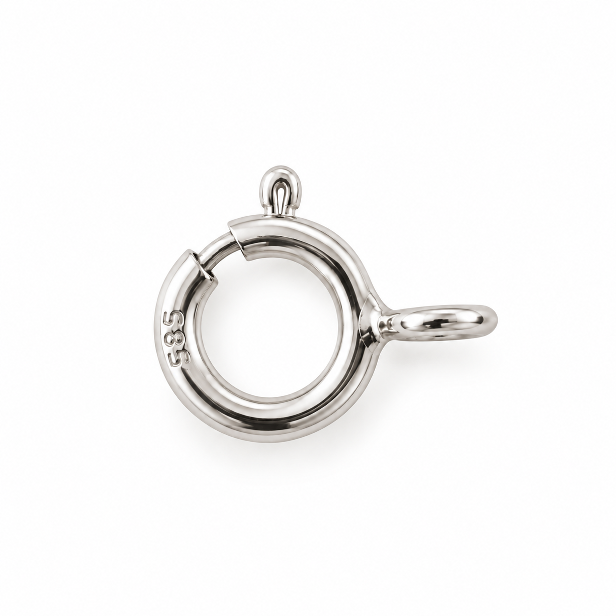 14K solid white gold 5mm spring ring clasp replacement with 585 hallmark, spring-loaded closure and attachment rings, photographed on a pure white background.