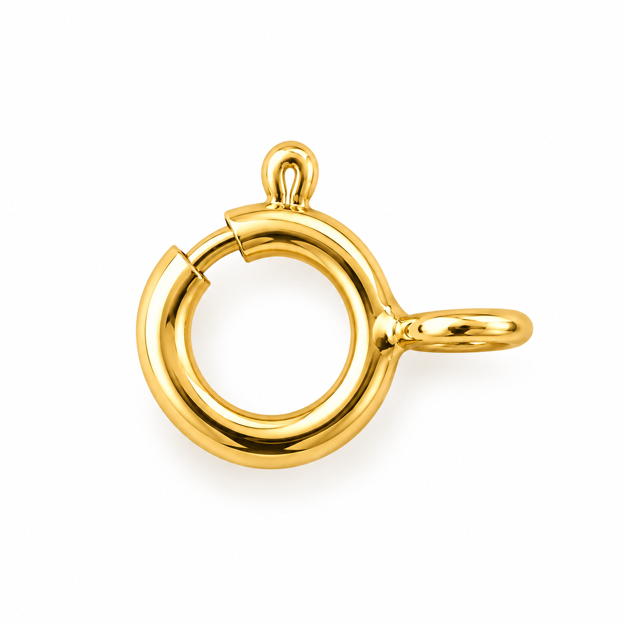 14K solid yellow gold 6mm spring ring clasp replacement with spring-loaded closure and attachment rings.
