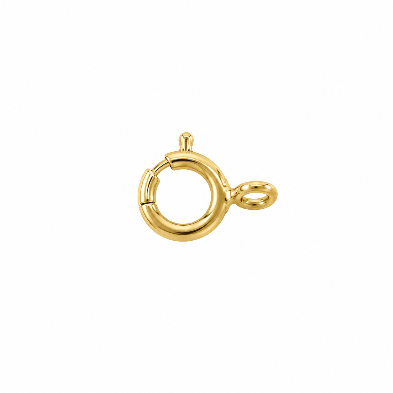 14K solid yellow gold 4.40mm spring ring clasp with attached rectangular chain end cap, polished jewelry replacement closure.