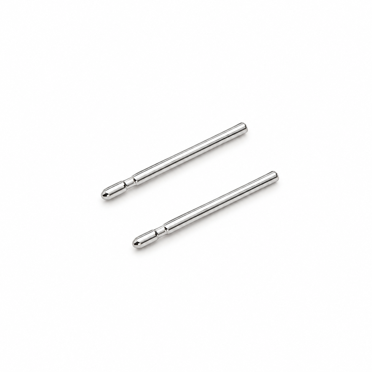 Two polished 925 sterling silver straight earring posts with notched ends for push-back stud earring repairs, photographed on a white background.