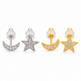 14K Solid Gold CZ Star and Moon Mismatched Studs